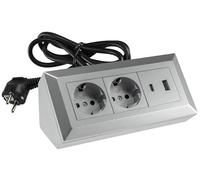 ChiliTec Bloque de enchufes esquineros de 2 enchufes con protección de contacto USB-A USB-C PD con cable de 1,5 m, enchufe múltiple para cocina, oficina, taller, color plateado y gris