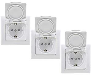 ChiliTec - Enchufe empotrable para baño y cocina, modelo Delphi, IP44 para interior y exterior, zonas húmedas, 3 piezas, 250 V~, con tapa abatible, color blanco