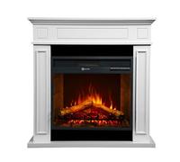 Chimenea eléctrica de pie modelo JEFFERSON, fabricada en madera blanca, con las siguientes dimensiones: largo 89,5 cm, alto 90,5 cm, profundidad 28 cm