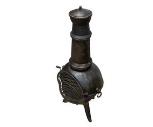 Chimenea Hierro Fundido para jardín | 110 x 48 x 50cm | Efecto Bronce Premium | Ventilación de Aire Ajustable y Tapa extraíble | Rejilla para Cenizas, Parrilla, Cubierta para Lluvia y Atizador Gratis