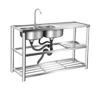 CHIMHOON Lavabo Independiente de Acero Inoxidable, Fregadero de Cocina con 2 Lavabos y Grifo de 360°, 3 Niveles, Capacidad de Carga de 100 kg, Para Restaurante, Camping, Exterior (120 x 45 x 80 cm)