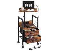 CHOEZON Mesa Auxiliar con Tablero Giratorio 360º y Regulable en Altura, Mesa Auxiliar con Ruedas y Base de Carga, con Cajón y Estantes, para Sala o Dormitorio, Marrón Vintage y Negro DTBZ21CBF