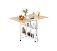 CHOEZON Mesa de Comedor Plegable, Mesa Portátil, Mesita Compacta de Cocina, Escritorio Multifuncional Plegable con 6 Ruedas Bloqueables y 2 Estantes, en Comedor, Sala, Blanco y Madera Natural DTCZ01WN