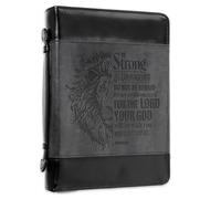 Christian Art Gifts Funda clásica de piel sintética para la Biblia para hombres y mujeres: Be Strong and Courageous, versículo bíblico inspirador Josué 1:9 con león, gris y negro, mediano