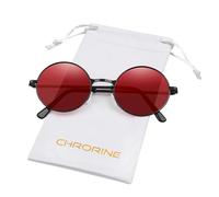 CHRORINE Gafas de sol hippie redondas de los años 70 para mujeres y hombres, accesorio para fiestas, festivales, lentes de sol vintage, Marco negro lente rojo, 50mm x 135mm