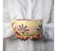 City to Cottage® Cerámica en Morado y Crema | Patrón Lavanda | Hecha y Pintada a Mano | Cerámica Extra Grande Esmaltada 17.5oz/500ml | Tazón Bol con Asa para Sopa Té Café Capuchino | Regalo