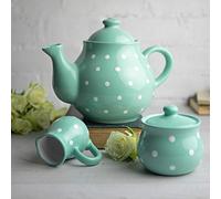 City to Cottage® Set Grande de Tetera, Jarra de Leche y Azucarero de Cerámica con Diseño de Lunares Hecho y Pintado a Mano en Azul Cerceta y Blanco, 1,7 L/60 oz/4-6 Tazas