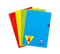 Clairefontaine, 294161AMZ, Lote de 4 Cuadernos grapados, Mimesys, A4 (21x29,7 cm), 96 Páginas, Cuadrados Grandes, Papel Blanco 90 gr, Polipropileno (Azul, Rojo, Amarillo, Verde)