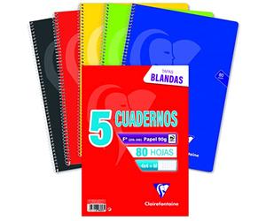 CLAIREFONTAINE 696053C Pack 5 Cuadernos, cuadricula + margen (4x4 + M), tapa blanda premium, 80 hojas - Surtido de colores vivos