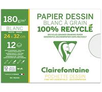 Clairefontaine 96144C - Carpeta de Dibujo Escolar - 12 Hojas de Papel de Dibujo Blanco con Grano 100% Reciclado - 24x32 cm 180g - Ideal para las Artes Plásticas