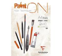Clairefontaine 96537C - Un bloc encollé de papier dessin Paint'On 40 feuilles 21x29,7 cm 250g, Blanc - Paquet de 4 blocs