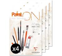 Clairefontaine 96538C - Un bloc encollé de papier dessin Paint'On 40 feuilles 14,8x21 cm 250g, Blanc- Paquet de 4 blocs