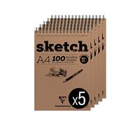Clairefontaine 96604C - Bloc Espiral de Cabecera Papel Sketch - 100 Hojas de Papel de Dibujo Blanco de Grano Muy Ligero - Hojas Desprendibles - A4 21x29,7 cm 90g - Paquete de 5 Blocs