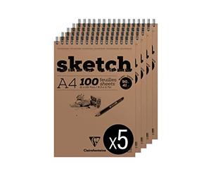 Clairefontaine 96604C - Bloc Espiral de Cabecera Papel Sketch - 100 Hojas de Papel de Dibujo Blanco de Grano Muy Ligero - Hojas Desprendibles - A4 21x29,7 cm 90g - Paquete de 5 Blocs