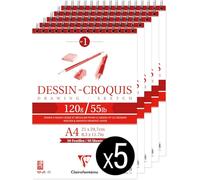 Clairefontaine 96614C - Bloque espiral con cabecera - 50 hojas de papel de dibujo de grano muy ligero - A4 21 x 29,7 cm 120 g - Paquete de 5 bloques