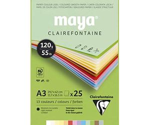 Clairefontaine 975333C Maya - Bloc encolado de papel de dibujo (25 hojas, 29,7 x 42 cm, 120 g, colores pastel surtidos (2 filas x 12 colores + 1 fila blanca)
