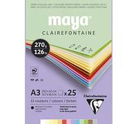 Clairefontaine 975337C - Un bloque encolado de papel dibujo liso Maya 25 hojas 29,7 x 42 cm 270 g, tonos pastel surtidos (2 x 12 colores + 1 x blanca)