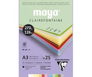 Clairefontaine 975337C - Un bloque encolado de papel dibujo liso Maya 25 hojas 29,7 x 42 cm 270 g, tonos pastel surtidos (2 x 12 colores + 1 x blanca)
