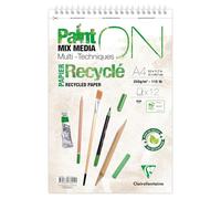 Clairefontaine 976004C Bloc Espiral Microperforado PaintON Reciclado A4 21x29,7 cm 250g - 12 Hojas Papel de Dibujo Multi-técnicas 100% Reciclado de Superficie Satinada - Blanco