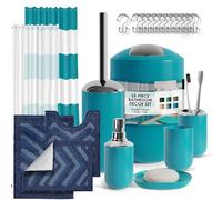 Clara Clark - Juego de 23 accesorios de baño color verde azulado, con cubo de basura, cortina de ducha y alfombrillas azul marino