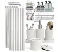Clara Clark Juego de Accesorios de baño Blancos, Juego de Accesorios de baño de 24 Piezas, Juegos de baño con Juego de Cortina de Ducha, Organizador de Ducha Adhesivo para Colgar y dispensador de