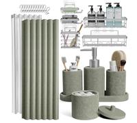 Clara Clark Juego de accesorios de baño verde salvia, juego de accesorios de baño de 24 piezas, juegos de baño con juego de cortina de ducha, organizador de ducha adhesivo para colgar y dispensador de