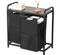 Clasificador de ropa con 2 compartimentos y bolsas extraíbles. Estructura de metal y tablero superior de madera