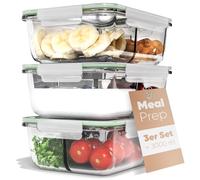 Classbach® Meal Prep Boxes de vidrio con 3 compartimentos, recipientes de vidrio con tapa aptos para lavavajillas, microondas y horno, 3x 1000ml - C-FHDM 4021 G