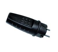 Clavija aérea IP44 negra de goma fenoplástica, resistente a la intemperie, ideal para conexiones eléctricas exteriores.