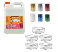 Cléopatre - Pack Pegamento Transparente 2kg + 6 Tubos de Purpurina + 5 Cajas de Almacenamiento - Pegamento Fabricado en Francia, Sin Disolventes, Limpieza con Agua - A partir de 6 Años