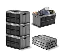CleverMade Eco - Contenedores de almacenamiento plegables de 62 litros, cajas plegables de plástico apilables, pared sólida, sin tapa, paquete de 3, piedra