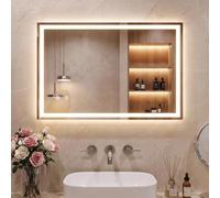 Clevich Espejo de baño con iluminación, 80 × 60 cm, espejo LED con 3 colores de luz, regulable, vidrio templado, protección contra explosiones, interruptor táctil, función de memoria, sin vaho, asador