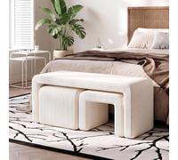 Clevich Juego de 3 Bancos tapizados, Banco al pie de la Cama, con 2 taburetes pequeños, cómodo Banco de Entrada/tocador, Moderno Banco Curvo, para Sala de Estar/Dormitorio/Entrada, Beige