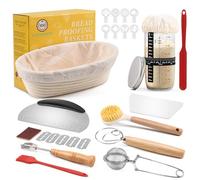 Clheatky Cesta de Fermentación para Pan 25cm Ovalado, 11 Piezas Kit Completo de Panadero, Banetones de Caña Natural, Cesta para Pan de Masa Madre para Principiantes y Experimentados
