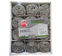 Clim Profesional. 12 Estropajos de Acero Inoxidable 40 gr | Limpieza Cocina y Barbacoa | Esponja Metálica Eficaz para Suciedad Incrustada, Metálico, Metal