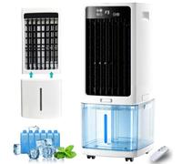 Climatizador Evaporativo 12L 65W, Aire Acondicionado Sin Tubo, Depósito Extraíble, 3 Velocidades, Temporizador 12H, Oscilación 90°, 6 Bloques Hielo, Mando, Hogar y Oficina