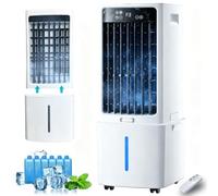 Climatizador Evaporativo Silencioso 12L Sin Tubo con Mando, Ventilador de Agua 3 Velocidades, 6 Bloques de Hielo, Temporizador 12H, Oscilación 90° para Habitación, Oficina, Garaje