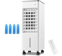 Climatizador Portátil Evaporativo,Oscilación 90°,3 Velocidades y Modo Sueño | Enfriador de Aire con Cristales de Hielo 75W Bajo Consumo, Depósito 4,1-6L,con Mando a Distancia y Ruedas para ，Blanco