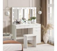 CLIPOP Juego de tocador blanco con luces de Hollywood, 4 cajones, mesa grande con espejo y taburete, tocador de dormitorio para niñas y mujeres