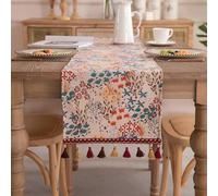 Clothfuna Camino de mesa floral primaveral, patrón colorido floreciente con borlas, ideal para fiestas y vacaciones al aire libre, 33 x 140