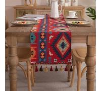 Clothfuna Camino de mesa geométrico de jacquard, camino de mesa vintage boho, mezcla de algodón rojo otoñal con borlas para mesa de comedor, fiesta, vacaciones, al aire libre, 33x220 cm / 87x13