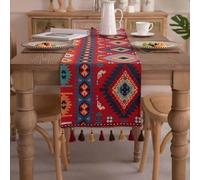Clothfuna Camino de Mesa Jacquard Geométrico, Camino de Mesa Boho Rojo Vintage, Camino de Aparador Marroquí con Borlas para Mesa de Comedor Fiesta Vacaciones al Aire Libre, 33x160 cm / 13x63 pulgadas