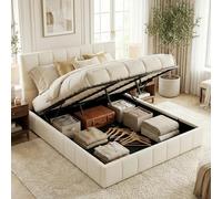 CLP Cama tapizada con Almacenamiento Ladia, Estructura para colchón, somier con Mecanismo de elevación, Cama Doble con tapizado, hasta 300 kg, Color:Crema, Tamaño:180 cm