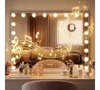 CLP Espejo de Maquillaje con Iluminación 80x60 cm Norlina, Altavoz Bluetooth, USB, Estilo Hollywood, Montaje en Pared o de Pie, Color:Blanco, Contenido del Set:con Bluetooth