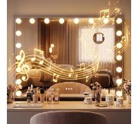 CLP Espejo de Maquillaje con Iluminación 80x60 cm Norlina, Altavoz Bluetooth, USB, Estilo Hollywood, Montaje en Pared o de Pie, Color:Negro, Contenido del Set:con Bluetooth