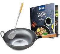 CLP Set de wok de acero al carbono - Base plana o redonda para gas, inducción y grill - Mango de madera, recetario y espátula | Forma plano