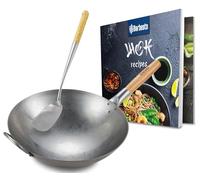 CLP Set de wok de acero al carbono - Base plana o redonda para gas, inducción y grill - Mango de madera, recetario y espátula | Forma redondo