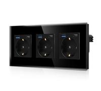 CNBINGO Enchufe múltiple con 6× conexión USB (carga rápida de 20W) - 3× (Tipo-C y USB-A) - Enchufe múltiple de vidrio Schuko empotrable - Enchufe de pared negro con protección infantil
