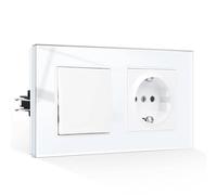 CNBINGO Interruptor de luz de vidrio con enchufe de Schuko de empotrar - Enchufe de vidrio templado con terminal de inserción - 1 hueco 1 vía, blanco
