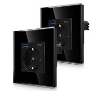 CNBINGO Pack de 2 Base de Enchufe Individual con 2 x Puertos USB de Carga rápida - 1 x (Tipo C y USB-A máx. Total 3,1 A) - Base de Enchufe Schuko de Cristal Sencilla de empotrar - Toma de Pared Negra